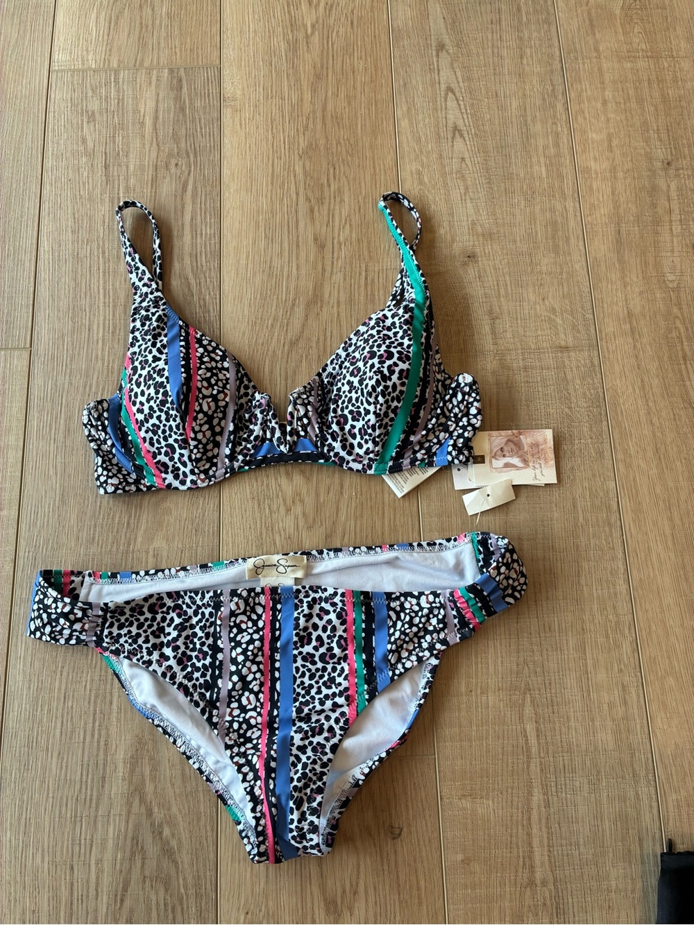 NWT Leopard Print Bikini Set in Black/white colorful stripes Size Large Bra Top